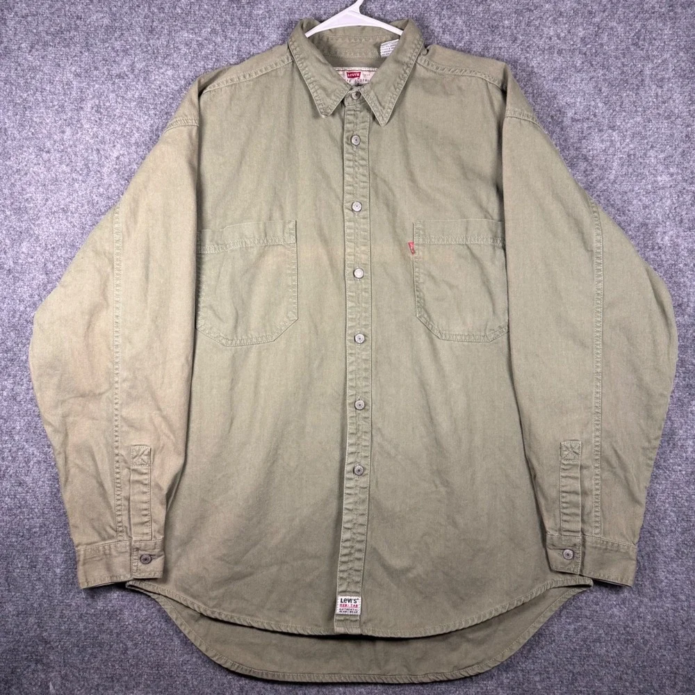 Vintage Levi's Red Tab Button Up Canvas Work Shirt Shirt Men's XL Olive Green